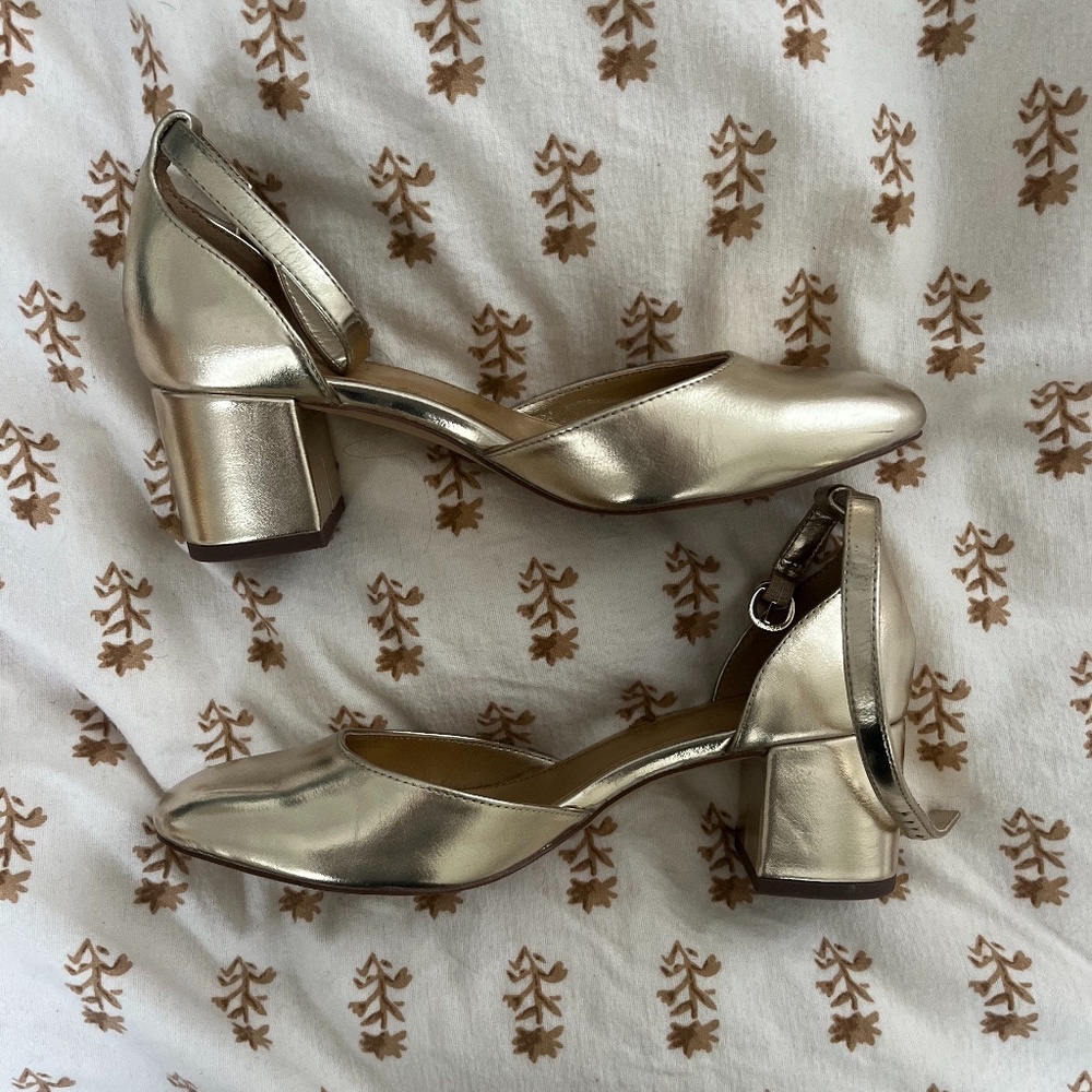 J. Crew Gold Metallic Ankle Strap Heels